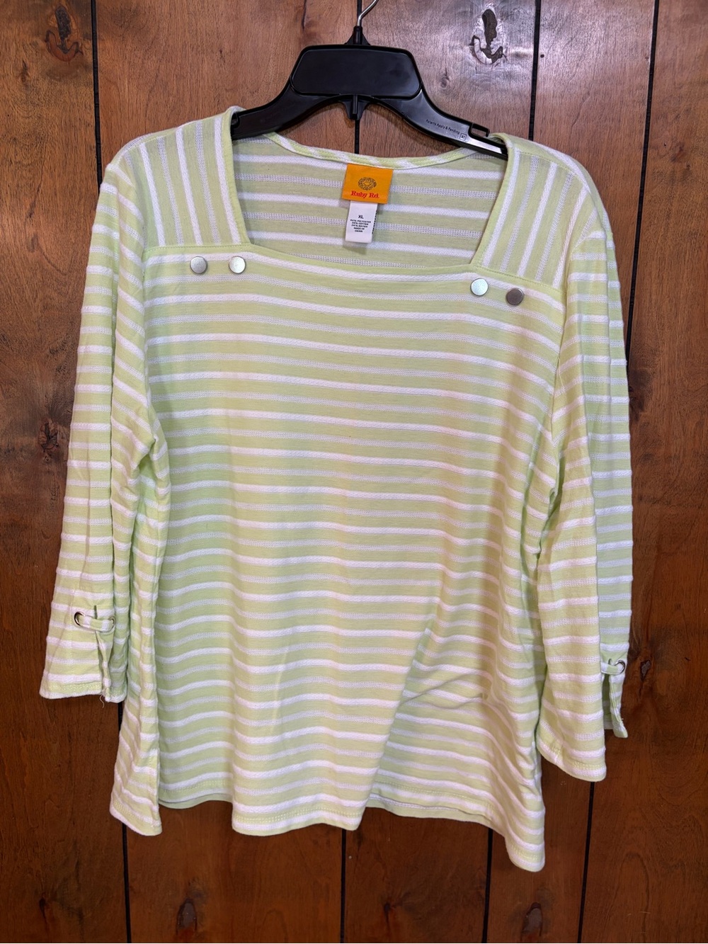 Ruby Rd. Light Green & White Striped Square-Neck Knit Top
